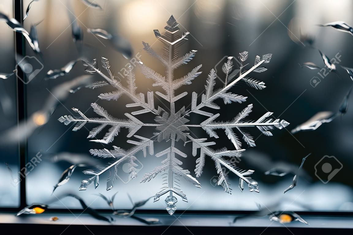 snowflake on ice storm-covered window, created with generative ai