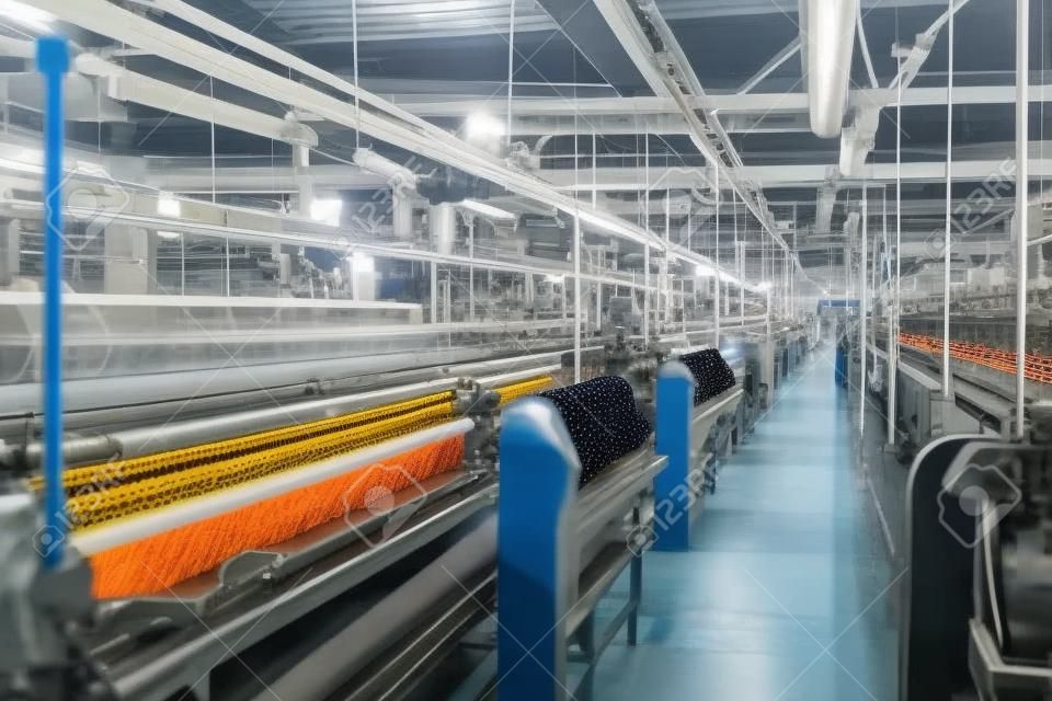 Fábrica textil, con máquinas que producen telas en un flujo de telas interminables, creadas con ai generativo