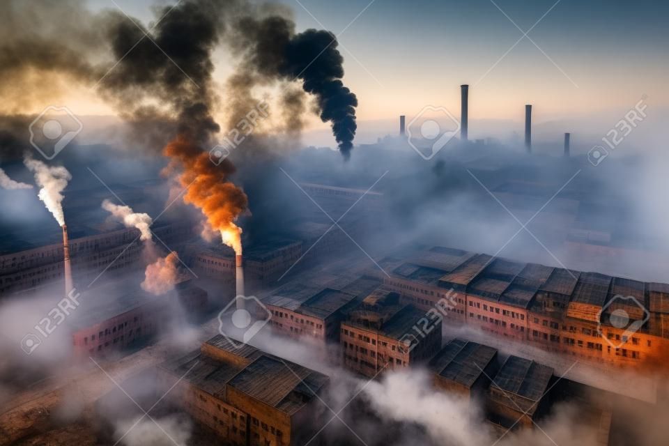 Fábrica, con humo y neblina saliendo de sus chimeneas, contribuyendo a la contaminación del aire, creada con ai generativa