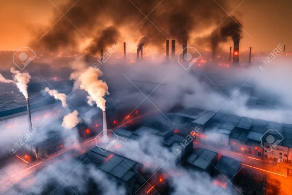 Fábrica, con humo y neblina saliendo de sus chimeneas, contribuyendo a la contaminación del aire, creada con ai generativa