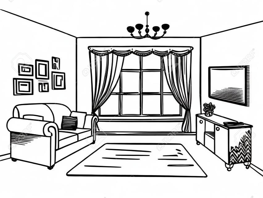 Oturma odası grafik siyah beyaz iç kroki illüstrasyon