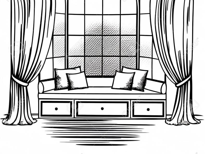 Bay ventana gráfica negro blanco interior boceto ilustración vectorial