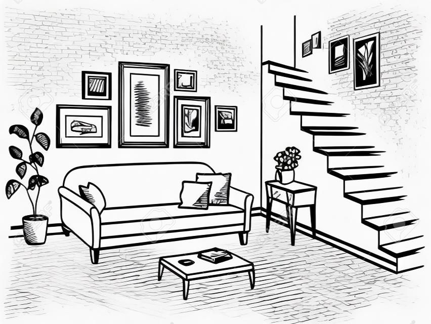 Pokój dzienny Grafiki czarno białe wnętrze szkic ilustracji wektorowych