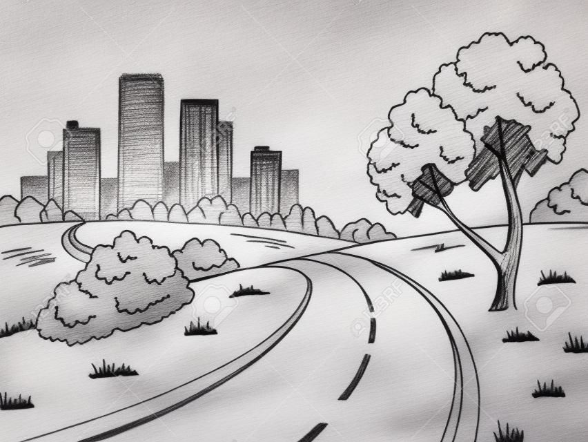 Black and white city landscape sketch illustration.