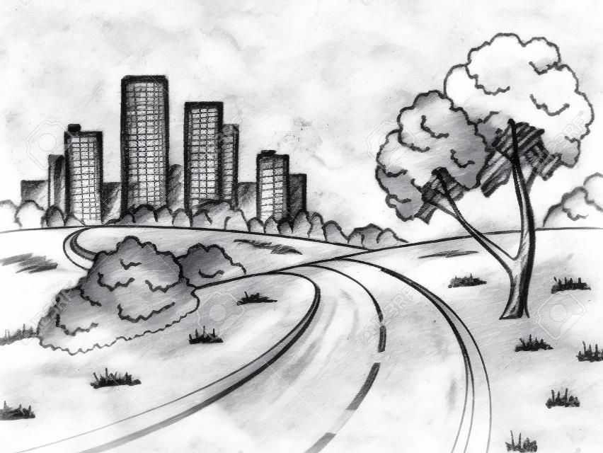 Black and white city landscape sketch illustration.