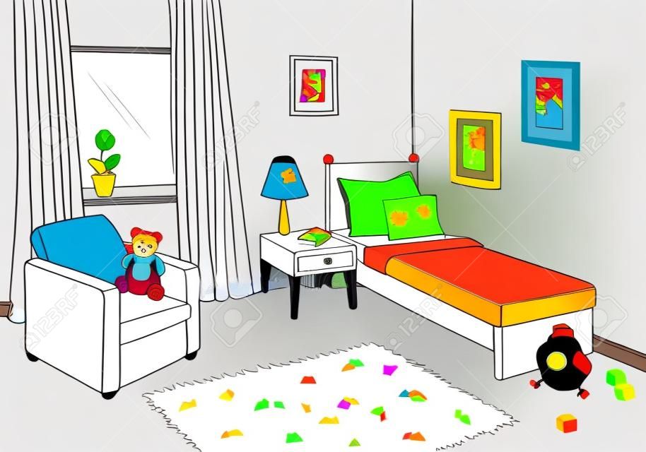 Vector de ilustración de boceto interior de casa de color gráfico de habitación de niños