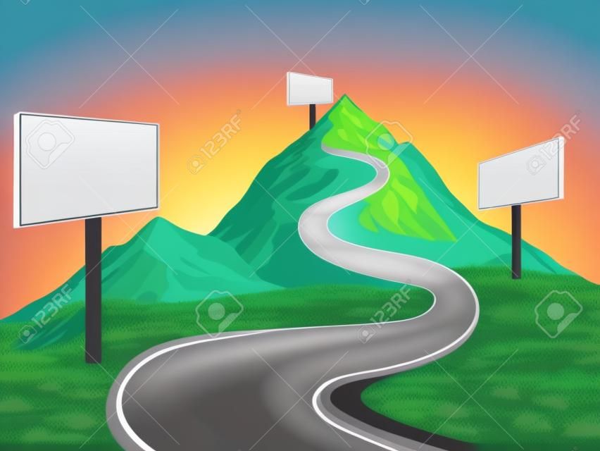 Vector de ilustración de bosquejo de paisaje de color gráfico de cartelera de carretera de montaña