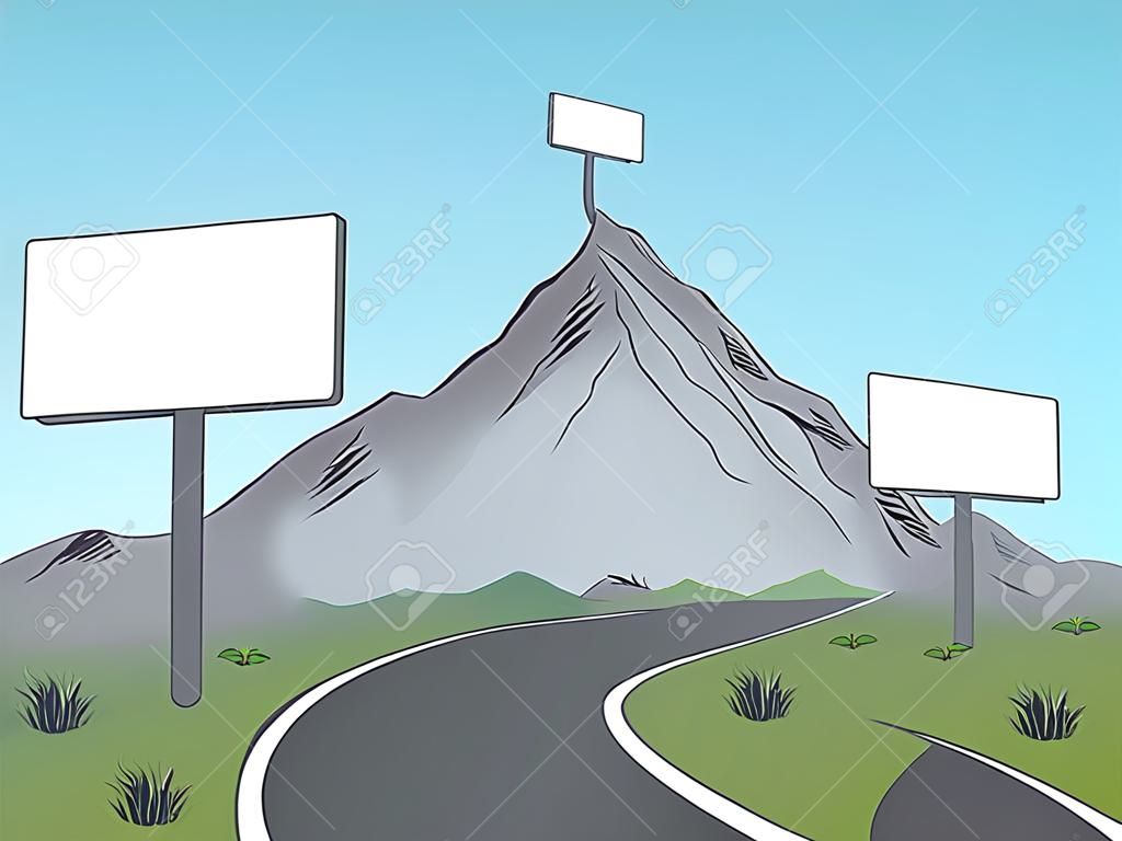 Mountain road billboard grafische kleur landschap schets illustratie vector