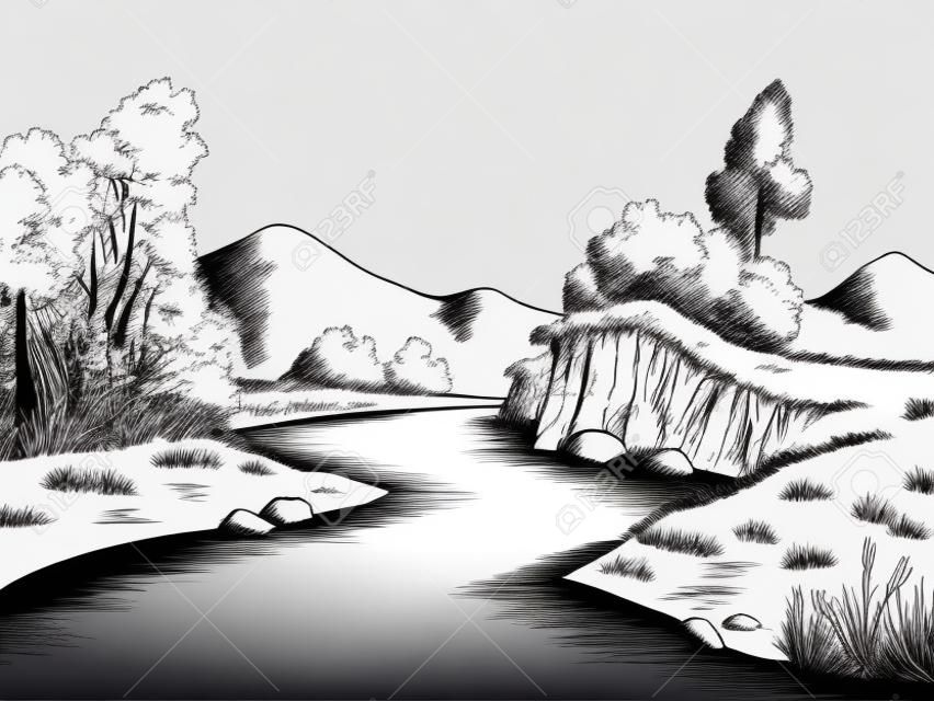 River graphic black white landscape sketch illustration vector