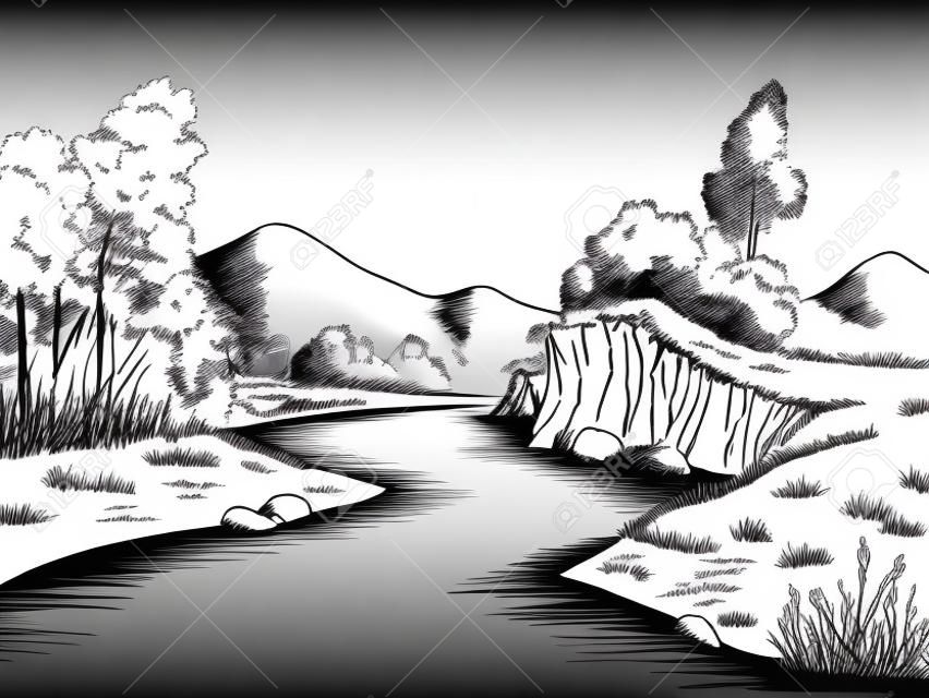 River graphic black white landscape sketch illustration vector