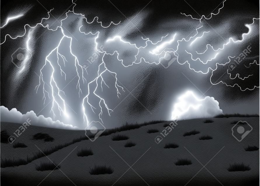 Burza z piorunami graficzny czarny biały krajobraz szkic wektor