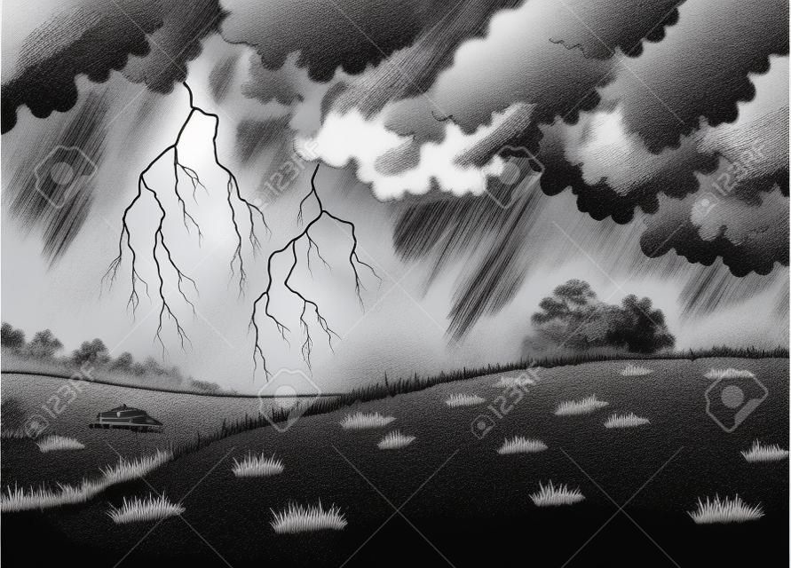 Burza z piorunami graficzny czarny biały krajobraz szkic wektor