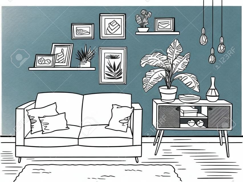 Salon graficzny czarny biały wnętrze domu szkic ilustracji wektorowych
