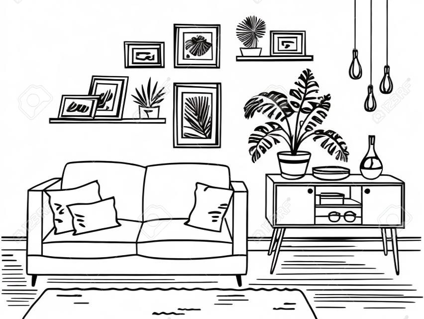 Woonkamer grafische zwart wit huis interieur schets illustratie vector
