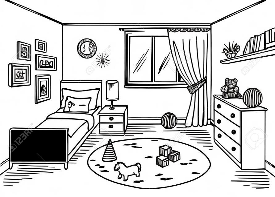Pokój dziecięcy graficzny czarny biały dom wnętrze szkic wektor