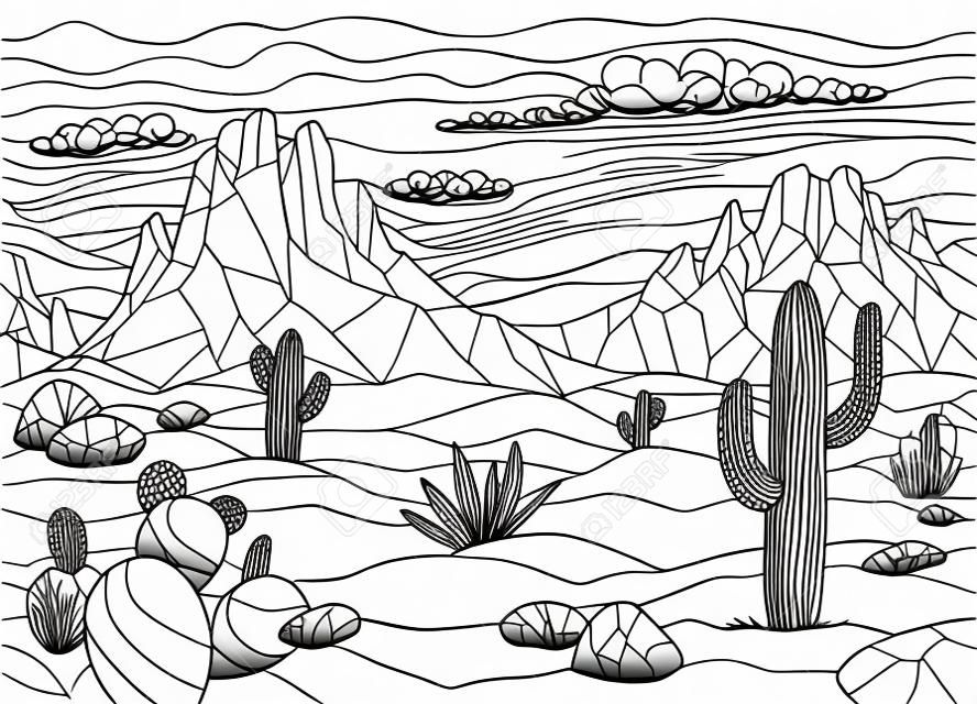 Prairie coloration graphique noir blanc désert paysage croquis illustration vecteur