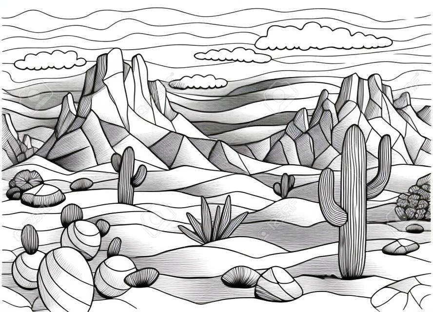 프레리 색칠 그래픽 검정 흰색 사막 풍경 스케치 그림 벡터