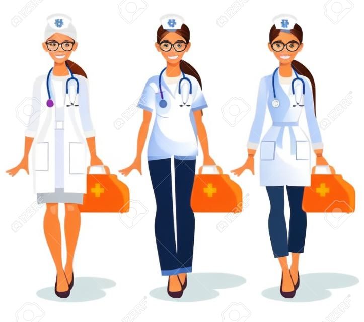 Set van drie vrouwelijke artsen in uniform geïsoleerd op witte achtergrond. Aantrekkelijke jonge verpleegkundigen in een bril. Vrouwen beroep. Cartoon vector illustratie.