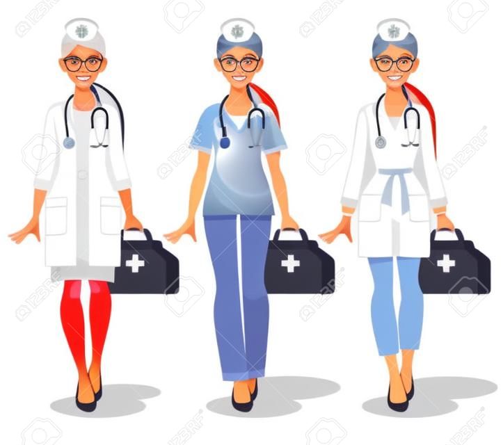 Set di tre dottoresse in uniforme isolato su sfondo bianco. Attraente giovane infermiera con gli occhiali. Professione femminile. Fumetto illustrazione vettoriale