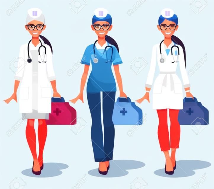 Set van drie vrouwelijke artsen in uniform geïsoleerd op witte achtergrond. Aantrekkelijke jonge verpleegkundigen in een bril. Vrouwen beroep. Cartoon vector illustratie.