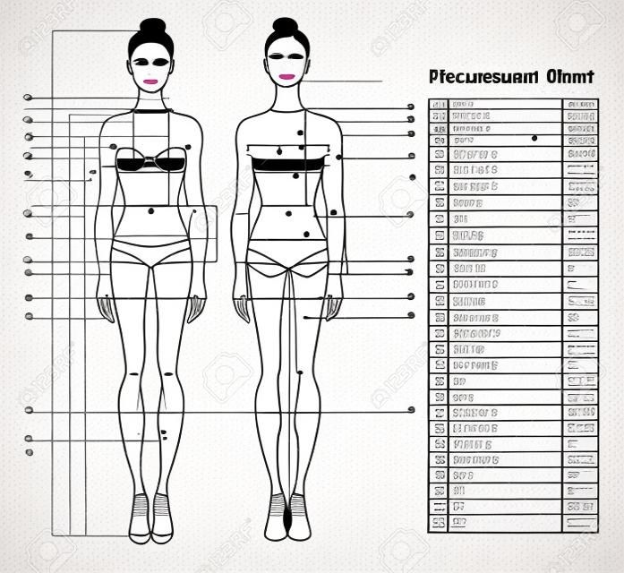 Gráfico de medição do corpo da mulher. Esquema para medição do corpo humano para costurar roupas. Figura feminina: vista frontal e traseira. Modelo para dieta, fitness. Vetor.