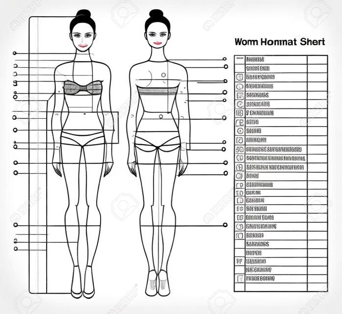 女人的身体测量图。人体缝纫衣服的测量方案。女性形象：正面和背面。节食，健身的模板。向量。