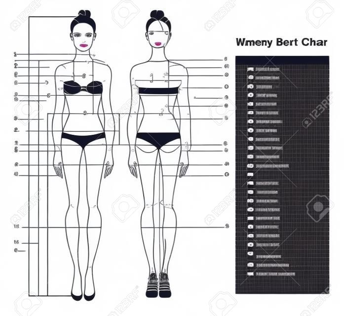 Vrouw lichaam meting grafiek. Schema voor het meten van het menselijk lichaam voor het naaien van kleding. Vrouwelijk figuur: voor-en achterkant uitzicht. Template voor diëten, fitness. Vector.