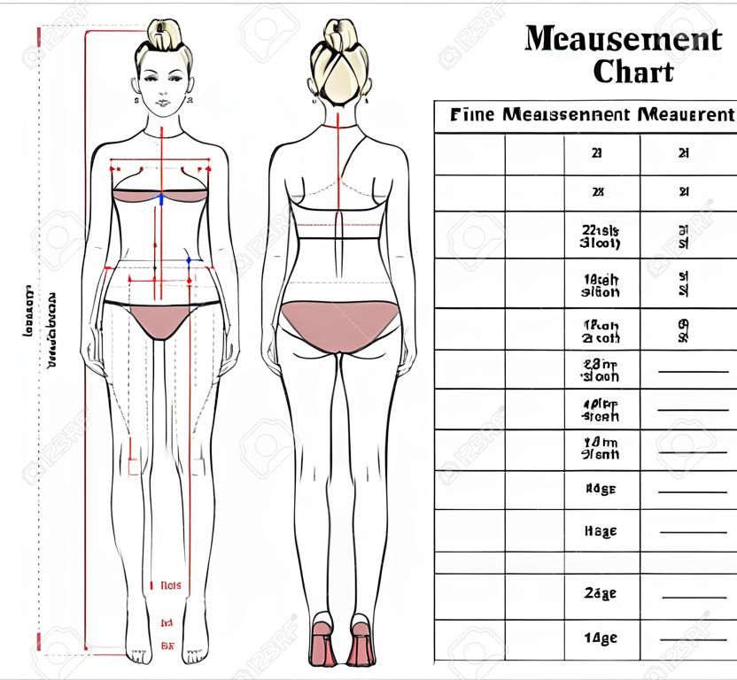 Nő test mérési diagram. Ruha emberi test mérésére ruhák varrására. Női alak: elülső és hátsó nézet. Sablon fogyókúrához, fitneszhez. Vektor.