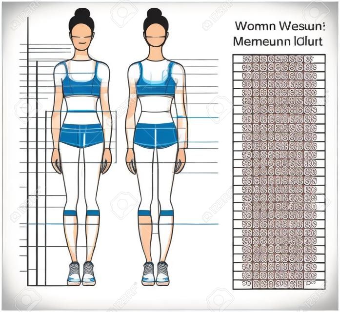 女人的身体测量图。人体缝纫衣服的测量方案。女性形象：正面和背面。运动服的年轻非洲女人。节食，健身的模板。向量。