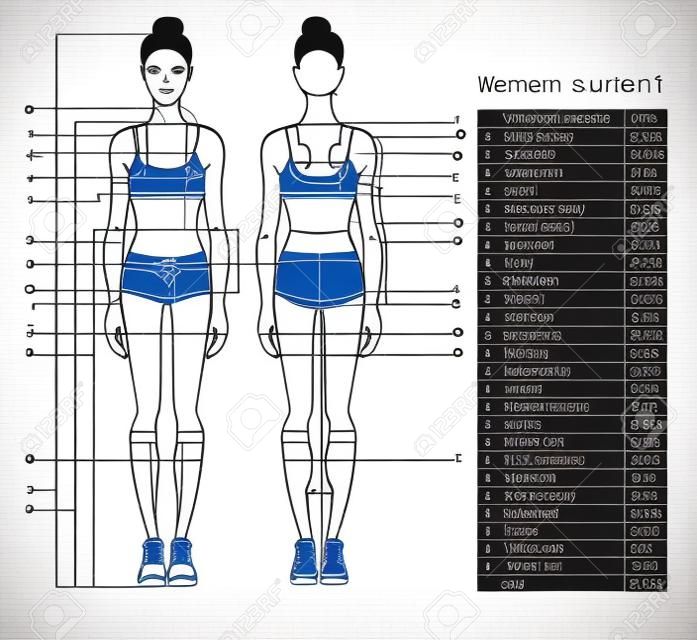 Grafico di misurazione del corpo della donna. Schema per la misurazione del corpo umano per cucire abiti. Figura femminile: vista anteriore e posteriore. Giovane donna africana in abbigliamento sportivo. Modello per dieta, fitness. Vettore.