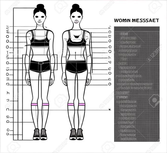 Диаграмма измерения тела женщины. Схема обмера человеческого тела для пошива одежды. Женская фигура: виды спереди и сзади. Молодая африканская женщина в спортивной одежде. Шаблон для диеты, фитнеса. Вектор.
