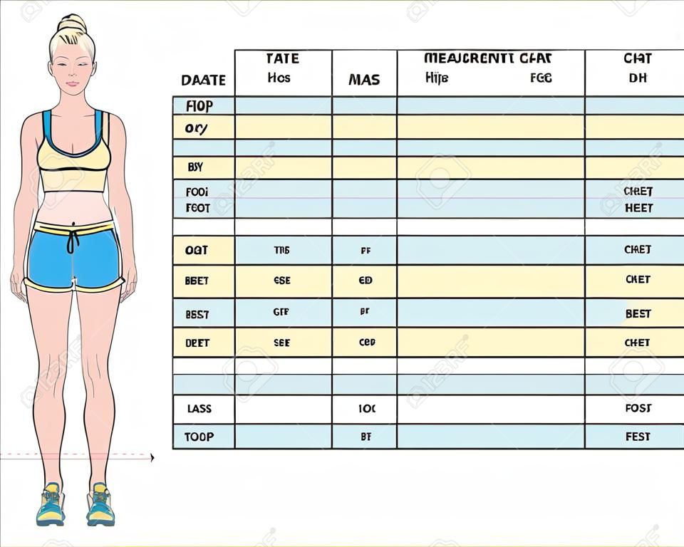スポーツとダイエット効果追跡のための体のパラメータの測定チャート。空白の減量テーブル レイアウト。胸、腰、腰、腕、太ももの測定記録。ベクターの図。
