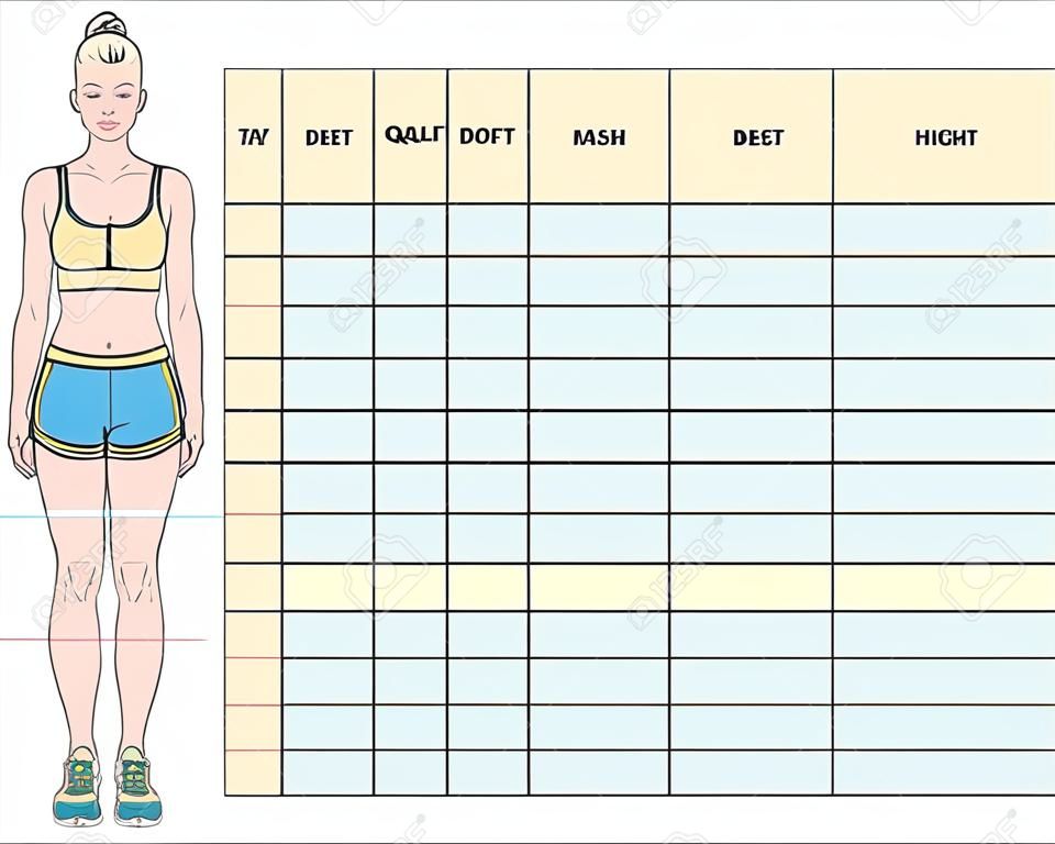 Gráfico de medição dos parâmetros do corpo para rastreamento de efeitos esportivos e de dieta. Layout de tabela de perda de peso em branco. Gravação de medidas de peito, cintura, quadris, braços e coxas. Ilustração vetorial.