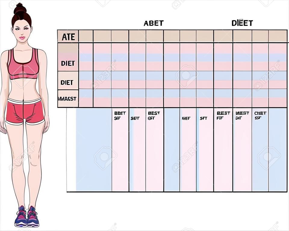 스포츠 및 다이어트 효과 추적을위한 신체 파라미터의 측정 차트. 빈 체중 감량 테이블 레이아웃. 가슴, 허리, 엉덩이, 팔, 허벅지 측정 기록. 벡터 일러스트입니다.