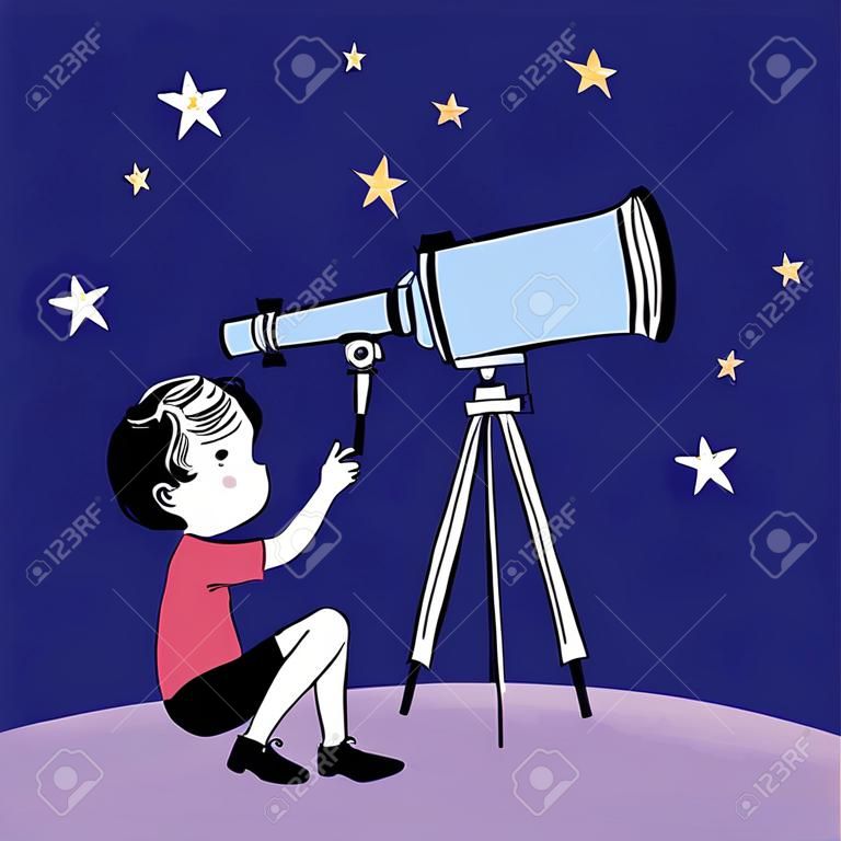 Kid boy Niño mirando las estrellas vector ilustración de dibujo de dibujos animados