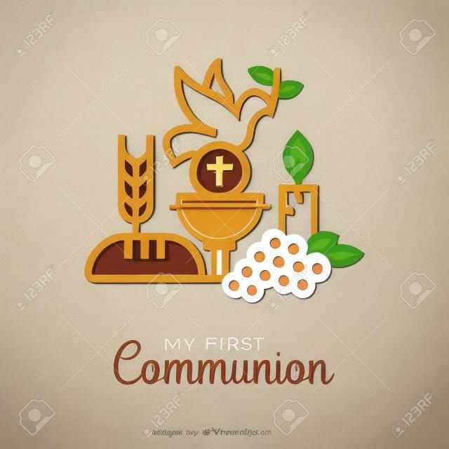 Simboli di prima comunione per un bel design di invito. Icone di contorno piatto Chiesa e comunità cristiana.