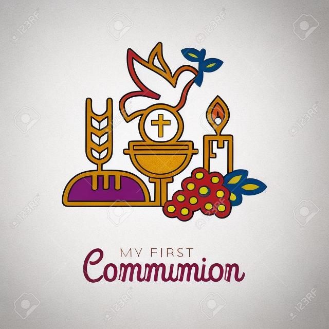 First communion symbols for a nice invitation design. Church and Christian Community Flat Outline Icons.