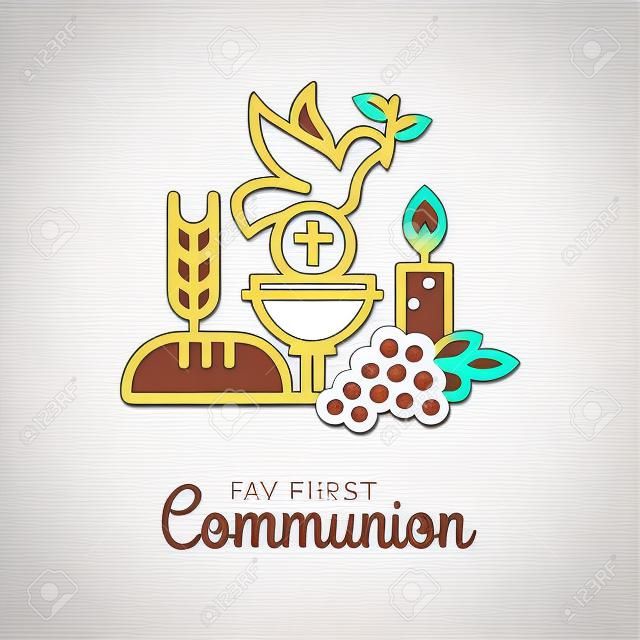 Symbole pierwszej komunii dla ładnego projektu zaproszenia. Ikony płaski zarys Kościoła i wspólnoty chrześcijańskiej.