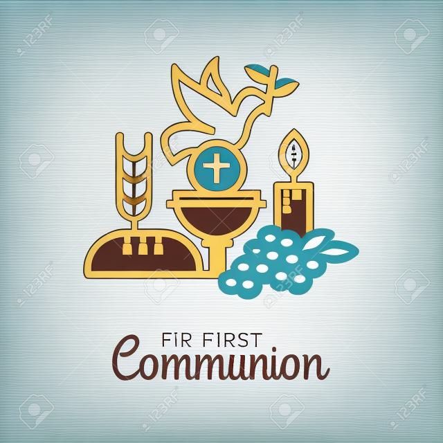 First communion symbols for a nice invitation design. Church and Christian Community Flat Outline Icons.