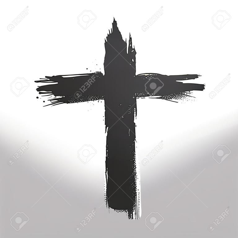 Hand drawn black grunge cross icon, simple Christian cross sign, hand-painted cross