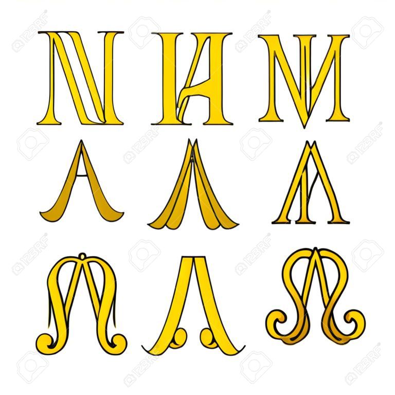 Conjunto de símbolos de Monograma de Ave Maria. Sinais Católicos Religiosos.