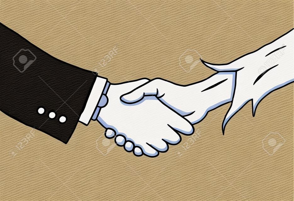 Hand drawn illustration that shows a handshake between a wealthy white man in suite and a poor black man in rags.