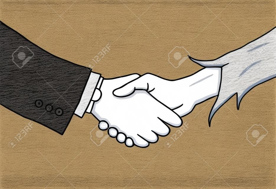 Hand drawn illustration that shows a handshake between a wealthy white man in suite and a poor black man in rags.