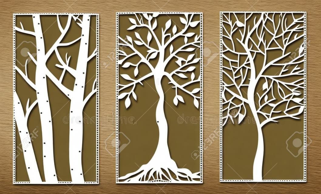 Set van Decoratieve laser gesneden panelen met boomvormen.Vector Illustratie.