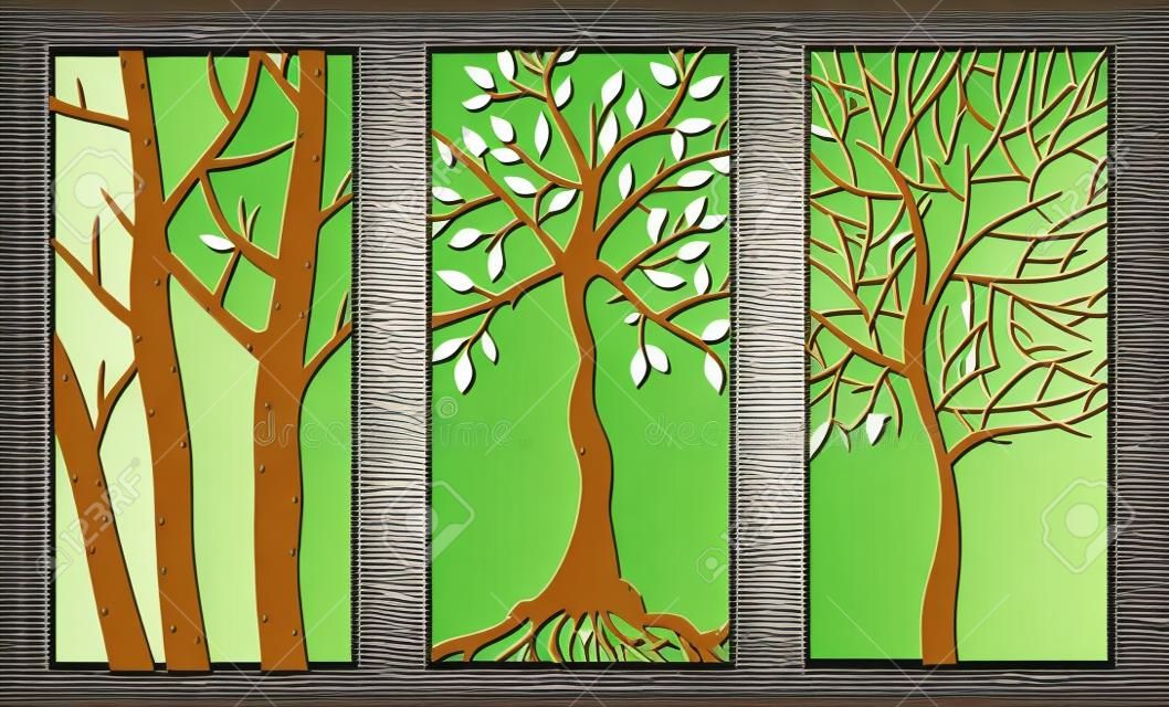 Set of Decorative laser cut panels with tree shapes.Vector Illustration.