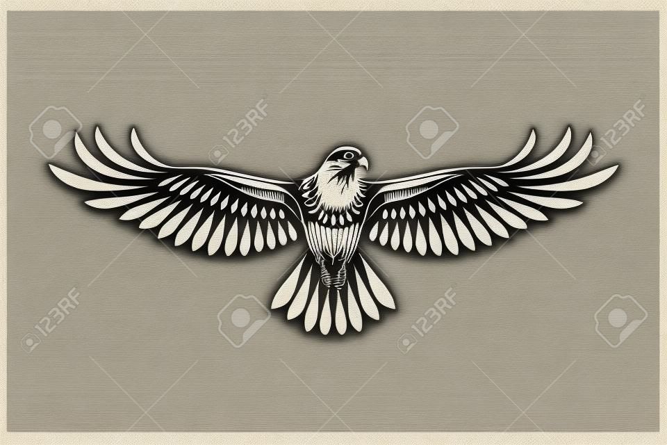 Incisione di falco stilizzato. Uccello decorativo. Disegno lineare. Uccello volante. Stencil arte