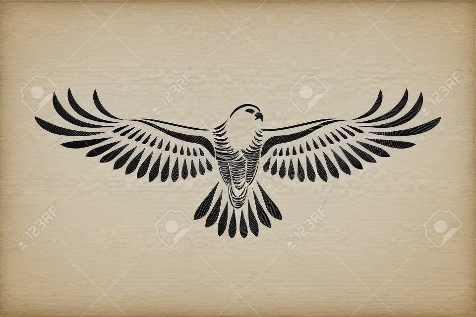Engraving of stylized hawk. Decorative bird. Linear drawing. Flying bird. Stencil art
