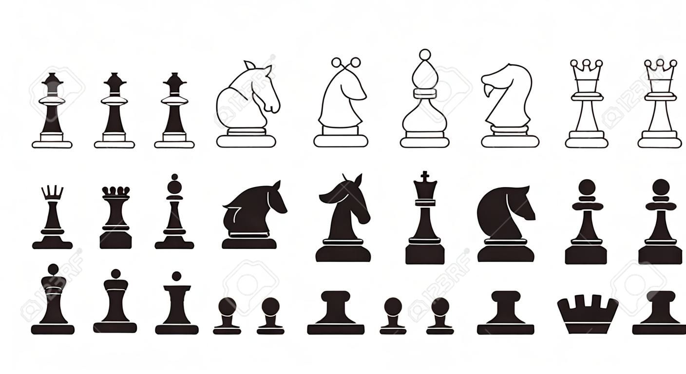 Szachy zestaw ikon. W zestawie ikona króla, królowej, gońca, skoczka, wieży, pionka. Sylwetki na białym tle. Piktogram szachy. Zestaw ikon strategii w stylu linii Symbole wektorowe