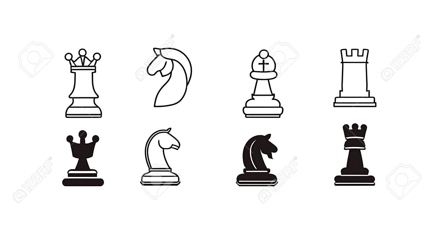 Set di icone di pezzi degli scacchi. Icona inclusa re, regina, vescovo, cavaliere, torre, pedone. Sagome isolate su sfondo bianco. Pittogramma di scacchi. Set di icone di strategia in stile linea Simboli vettoriali