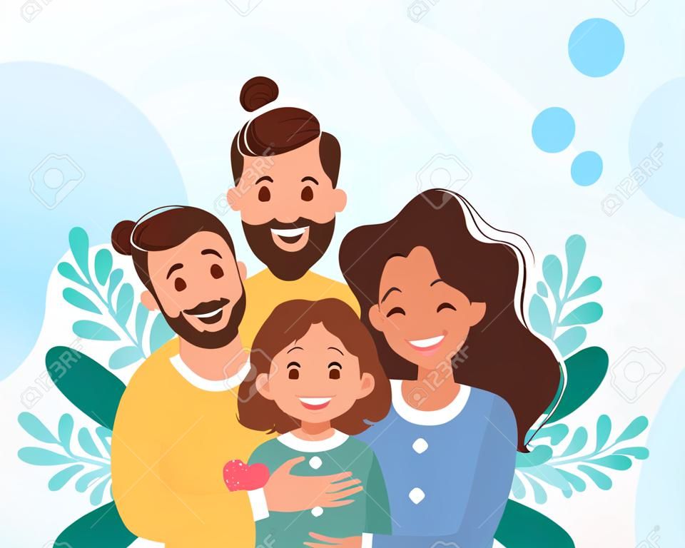 Happy family with son and daughter. Parents hugging children. Vector illustration